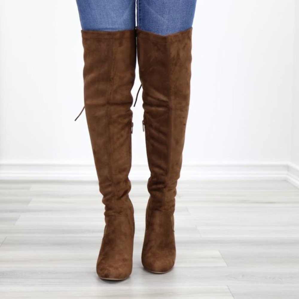 Suede Over The Knee Heeled Boots With Lace Up Back - Picture 2 of 13